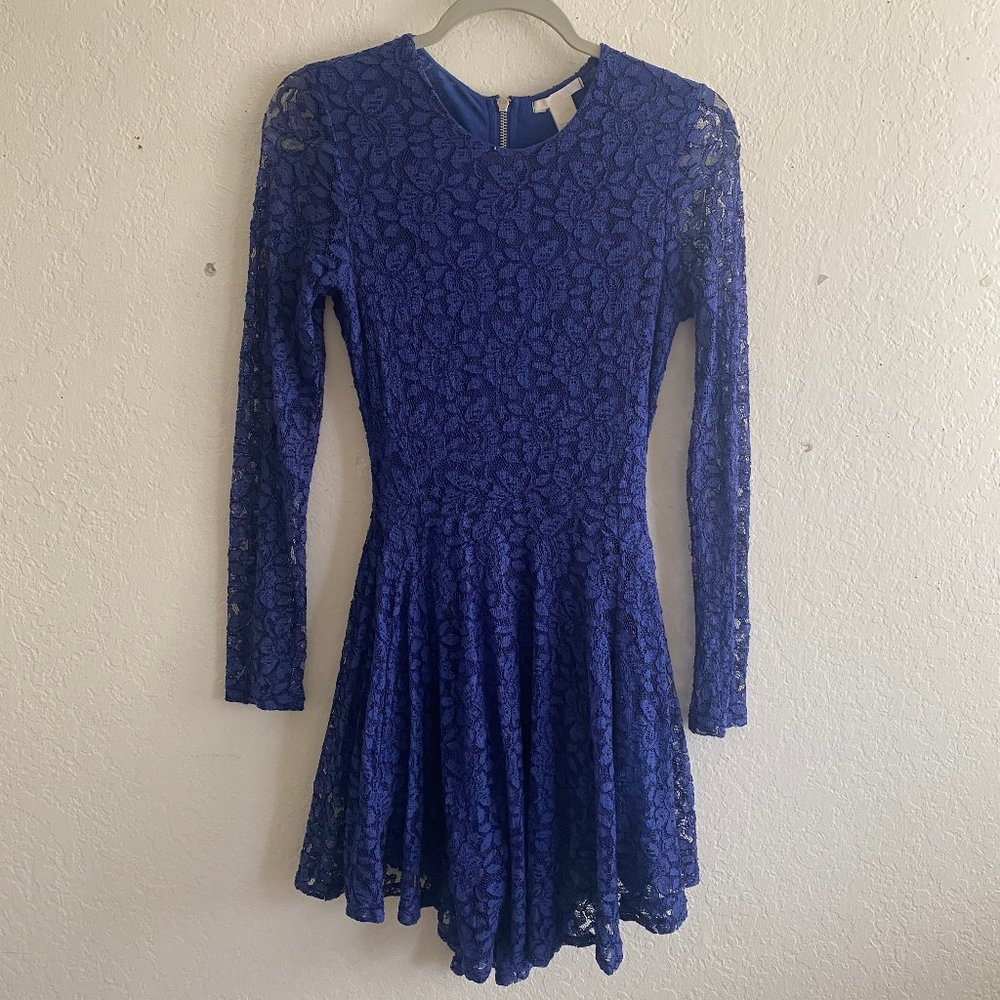 H&M Womens Mini Dress Lace Long Sleeve Floral Size 4 Spring Cobalt Blue Feminine